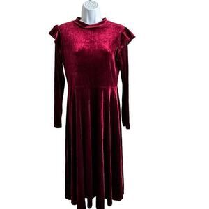 Ivy City Kelly red Velvet Ruffle‎ Long Sleeve midi Dress women's size L